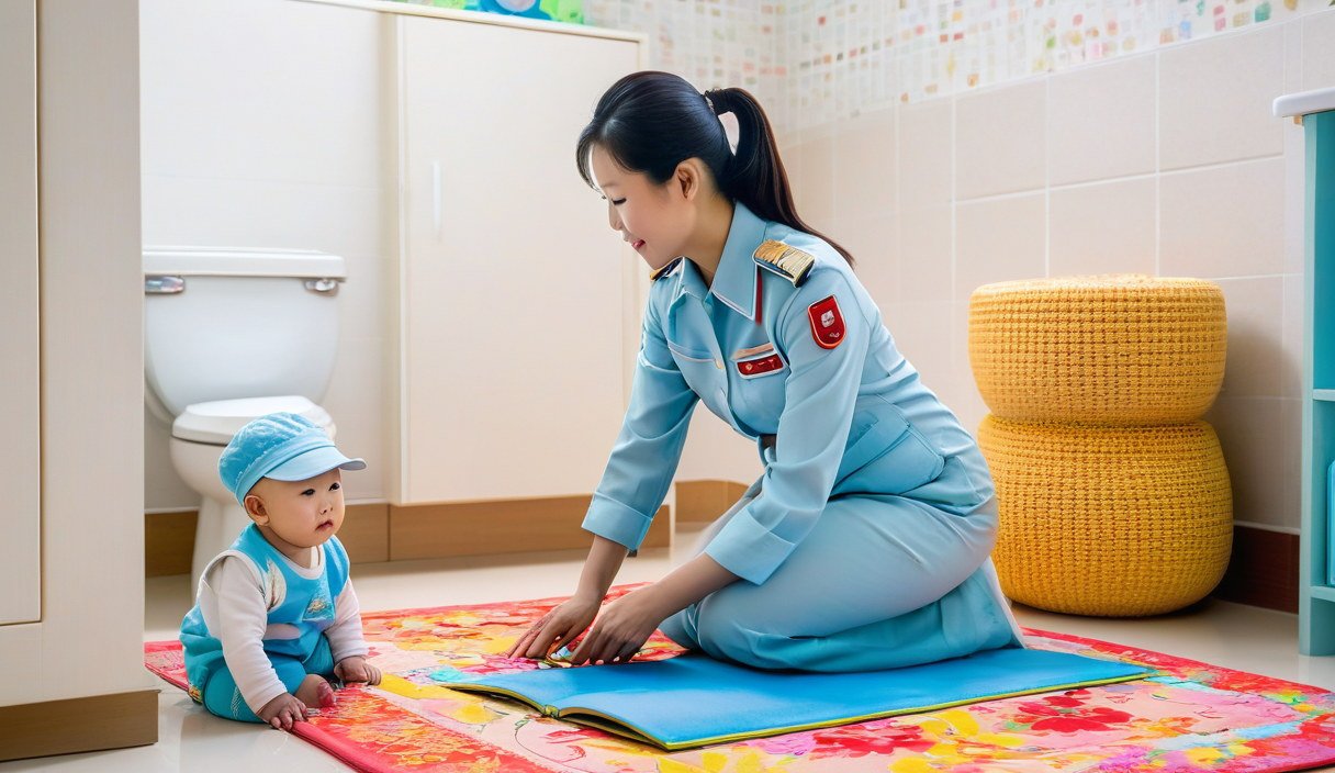 育婴嫂用绘本引导幼儿如厕训练的温馨场景
