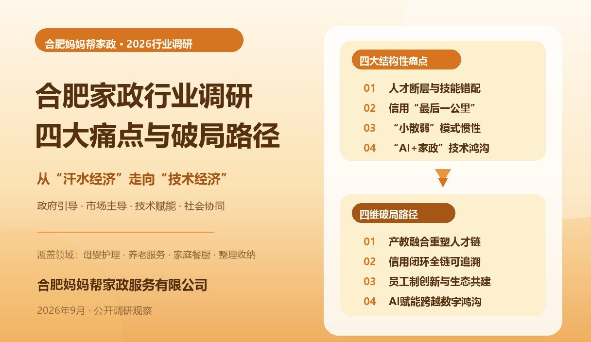 合肥妈妈帮2026家政行业调研封面：暖金配色，四大痛点与四维破局路径映射示意